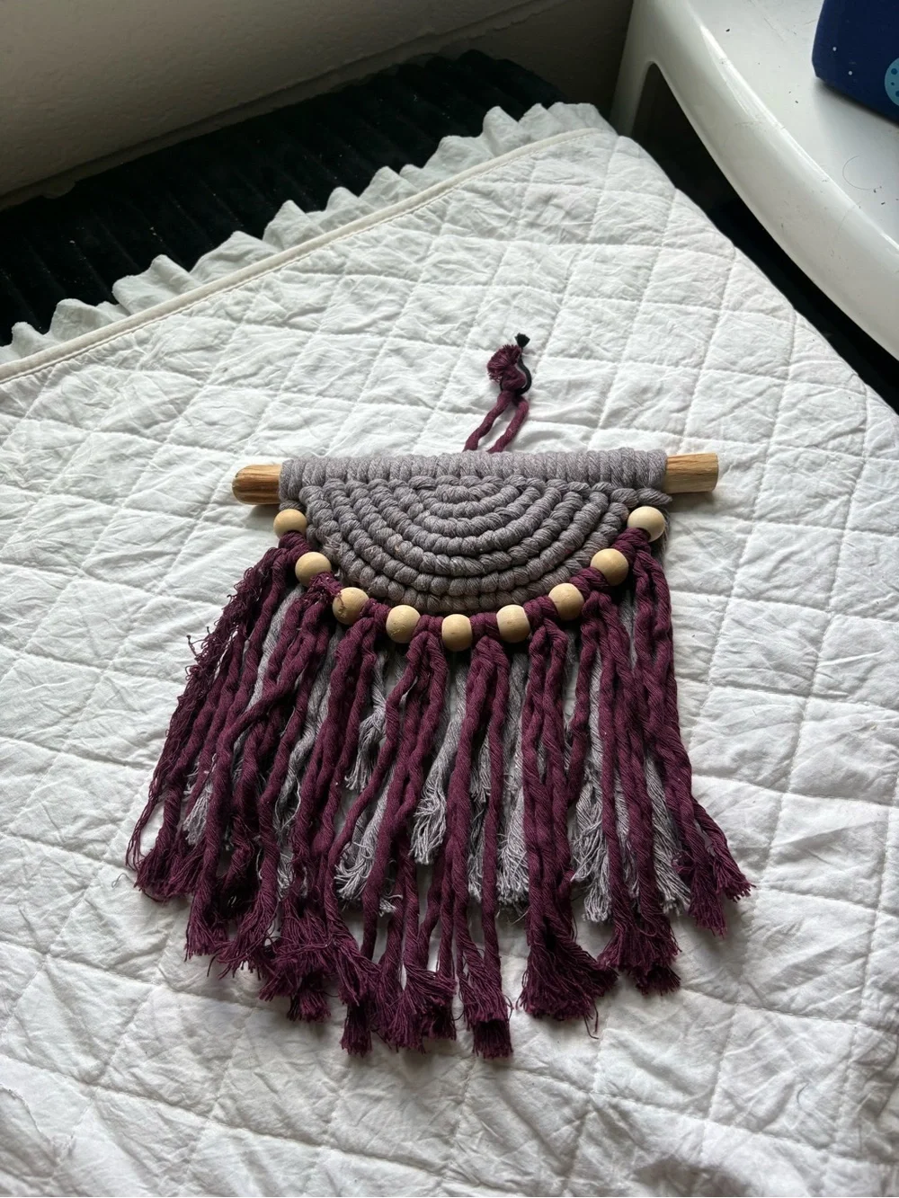 Handmade Maroon and Gray Macrame Wall Hanging